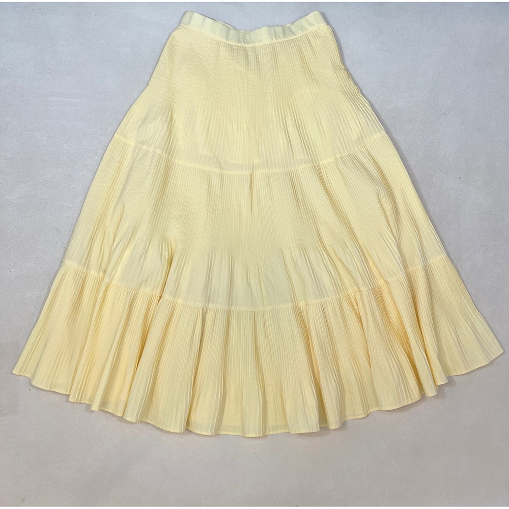Zara Women Pale Yellow Pleated Tiered Maxi Skirt Size M Cotton Blend A-Line